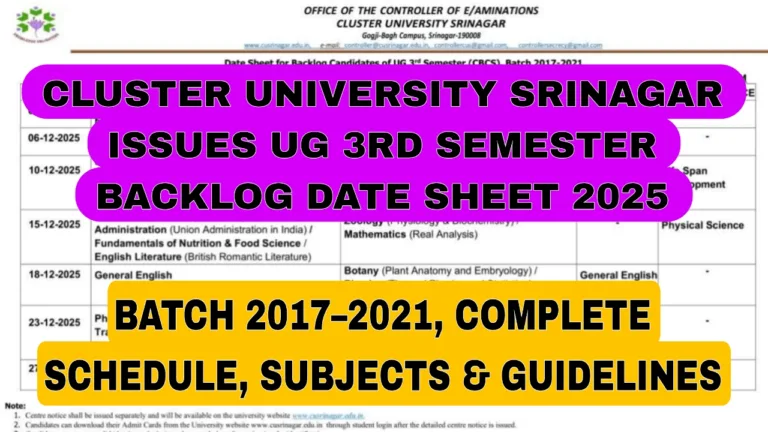 CUS UG 3rd Sem Backlog Date Sheet 2025