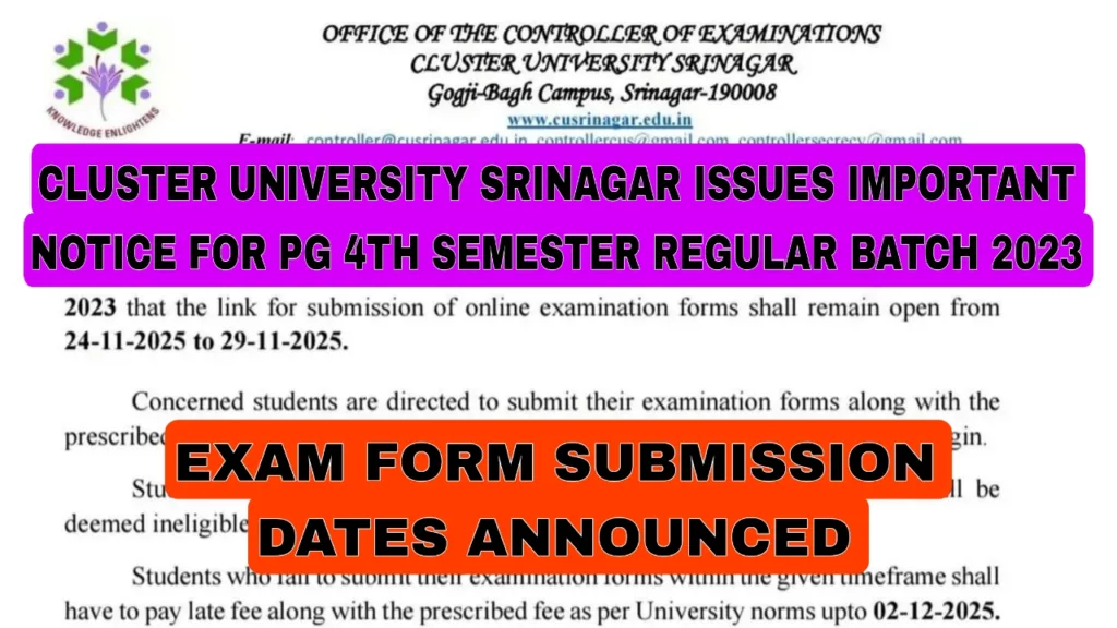 Cluster University Srinagar Issues Notice for PG 4th Sem