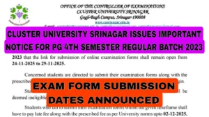 Cluster University Srinagar Issues Notice for PG 4th Sem
