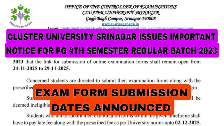 Cluster University Srinagar Issues Notice for PG 4th Sem
